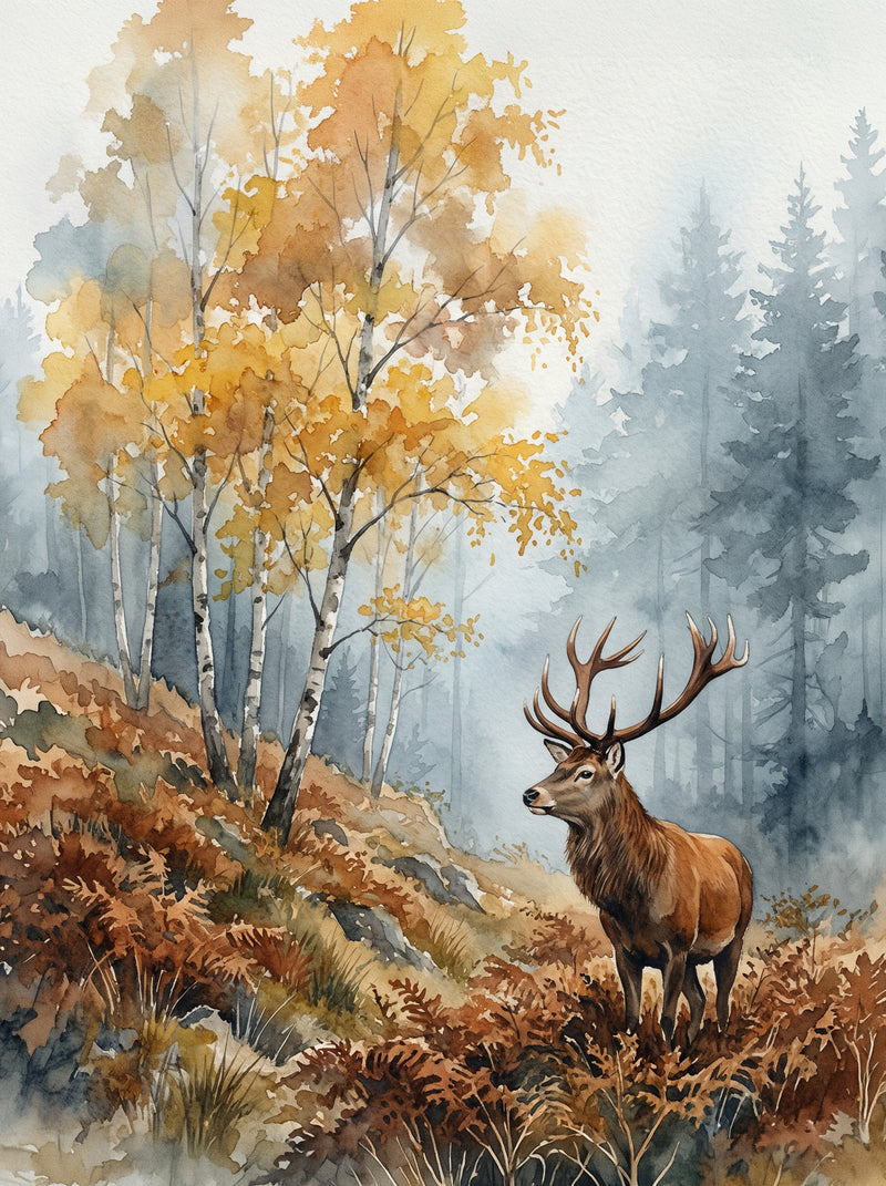 A red deer stag with full antlers standing on an autumn Scottish hillside with golden birch trees and russet bracken in the foreground, watercolour fine art print