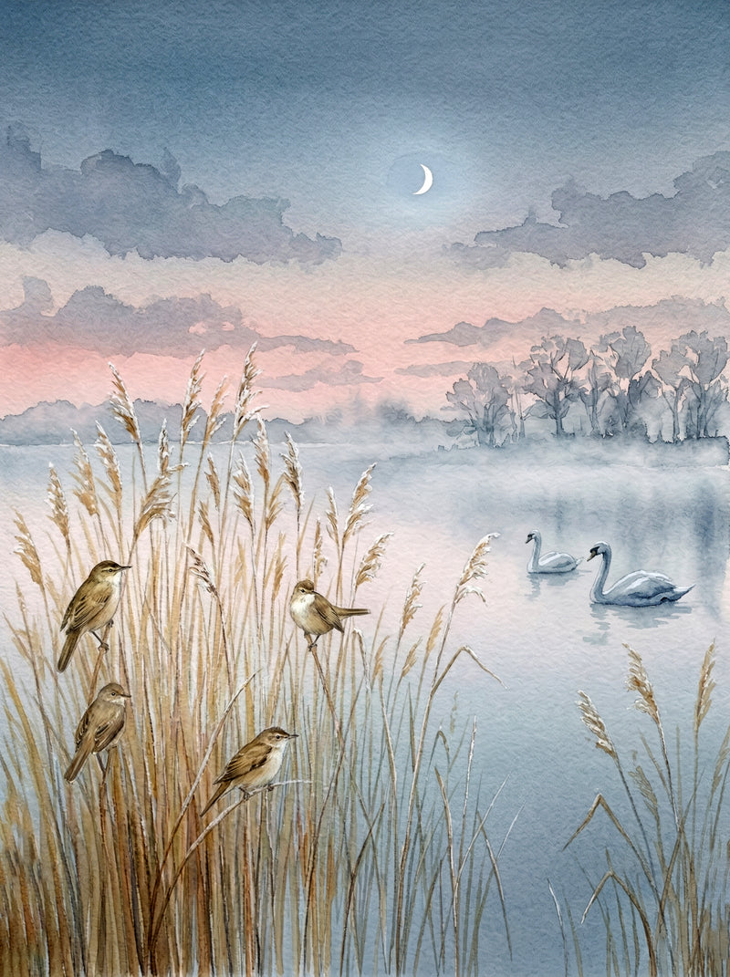 British wetland at dusk with frost-tipped reeds, swans on still water and small birds perched on stems under a pale moon, watercolour fine art print