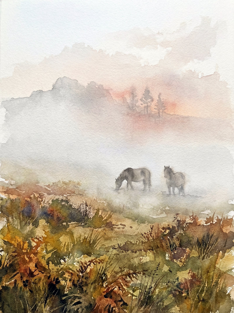 Dartmoor wild ponies grazing in warm amber morning mist on ancient heather moorland, British wildlife watercolour fine art print