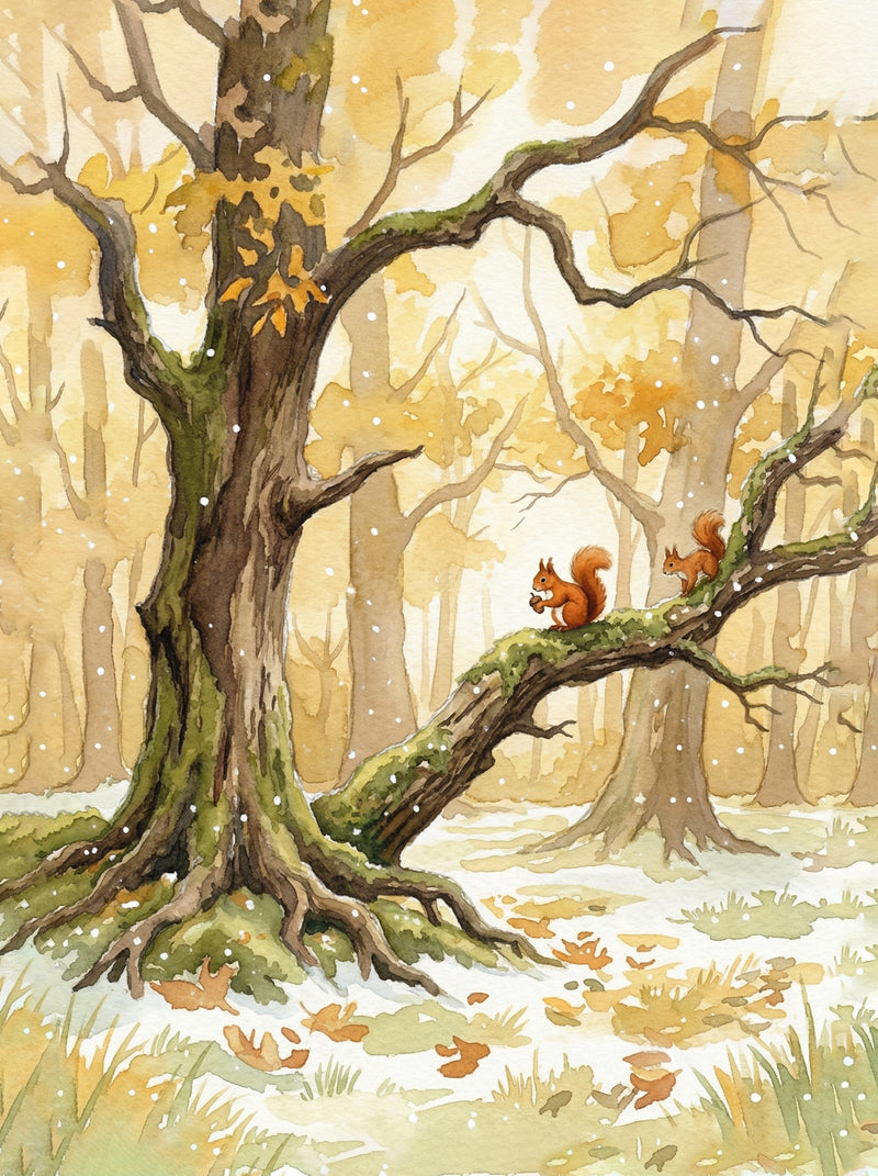 An ancient oak tree in peak autumn colour with a red squirrel pausing on a branch holding an acorn, British wildlife watercolour fine art print