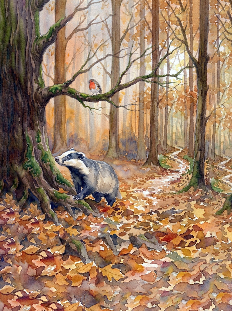 A badger emerging from between ancient oak roots in an autumn woodland with fallen amber leaves and a robin with red breast perched above, watercolour fine art print