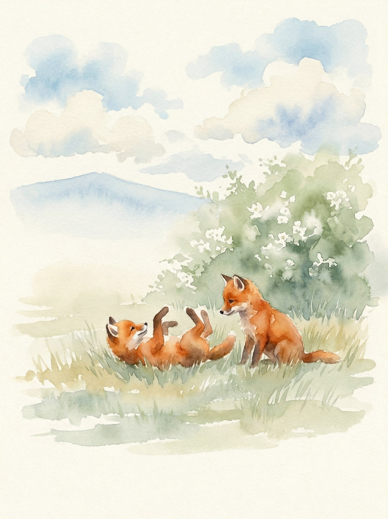 Two young red fox cubs playing in winter snow, one rolling with paws in the air, vivid russet against a pale cool background, British wildlife watercolour fine art print