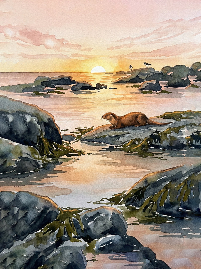 An otter resting on dark granite coastal rocks at golden sunset with the sea glowing amber behind, Scottish wildlife watercolour fine art print