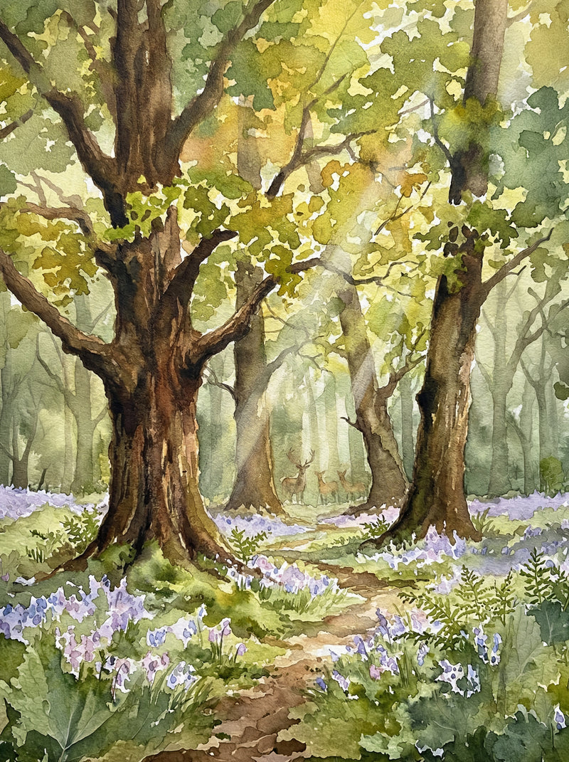 Ancient Oak Woodland & Bluebells — British Spring Watercolour Fine Art Print