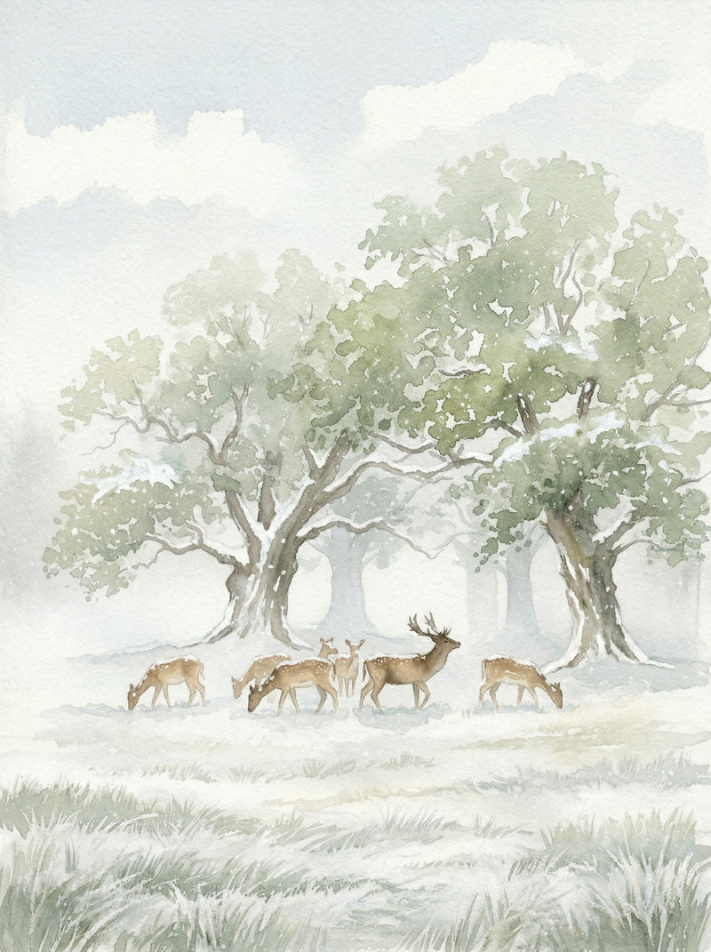 Misty Parkland & Fallow Deer — British Wildlife Watercolour Fine Art Print