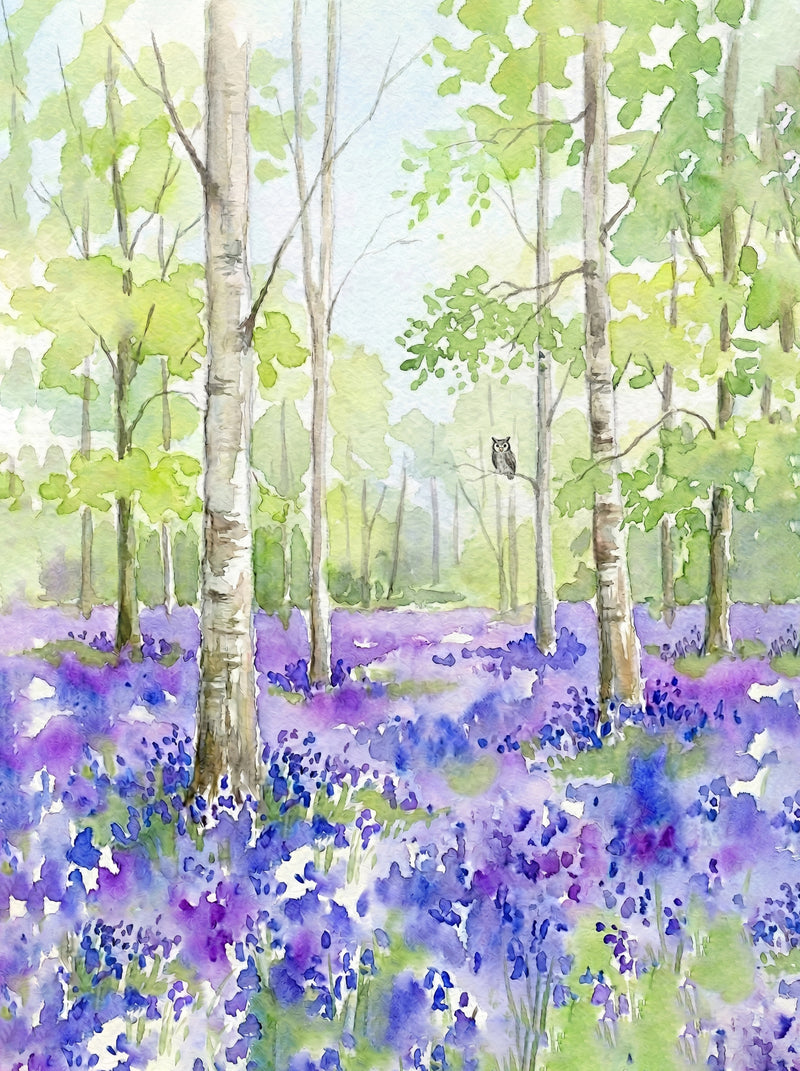 Bluebell Woodland & Silver Birch — British Spring Watercolour Fine Art Print