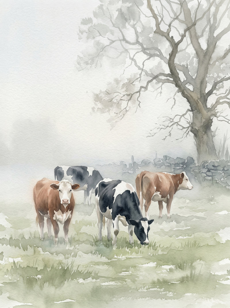 Hereford and Friesian cows grazing in a misty English winter meadow with a bare oak tree behind, soft pale watercolour fine art print