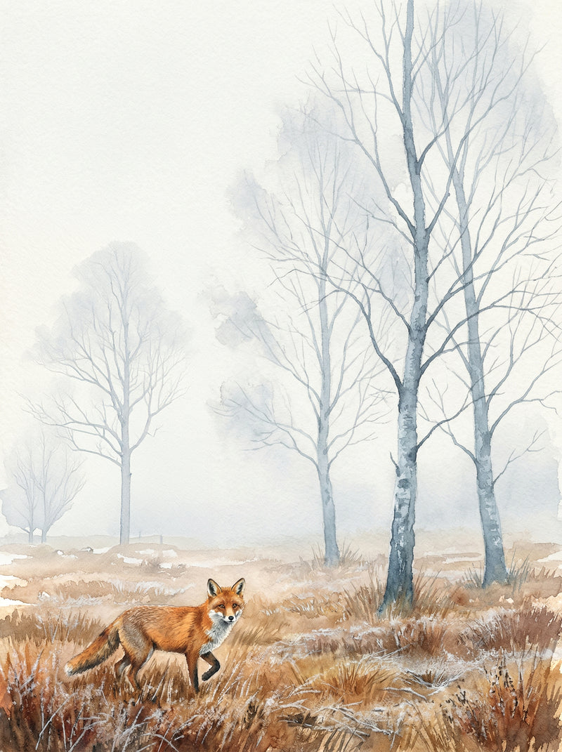 A red fox on frost-covered winter moorland with bare silver birch trees dissolving into pearl-grey mist behind, British wildlife watercolour fine art print