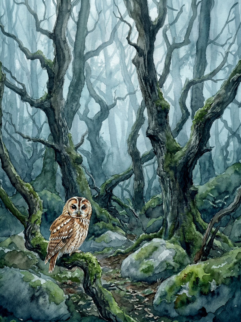 Ancient gnarled Dartmoor oak trees in cool blue-green mist with a tawny owl perched on a mossy branch, watercolour fine art print