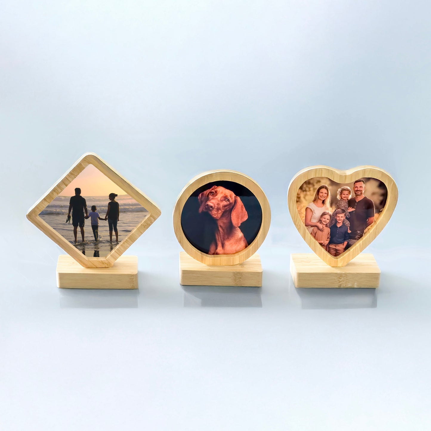 Personalised bamboo desk frame in heart shape, natural wood finish | GiftlyArtPrint