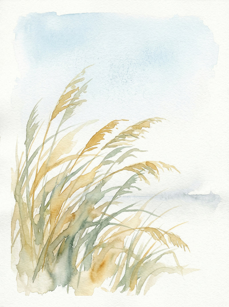Golden dune grass bending in the coastal breeze painted in warm ochre and sage green watercolour washes against a pale cerulean sky with the sea barely suggested beyond, fine art print