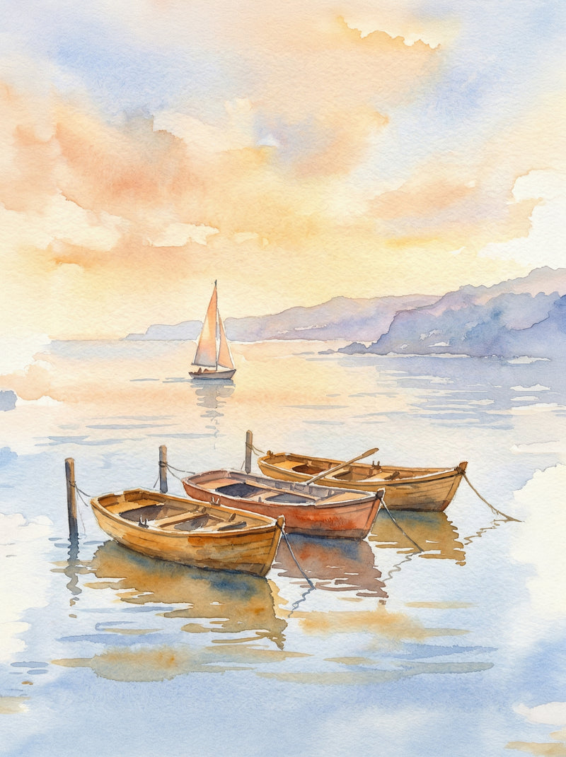 Three wooden rowing boats moored in calm golden water at sunset with a sailboat in the distance and coastal cliffs in soft lavender, watercolour fine art print