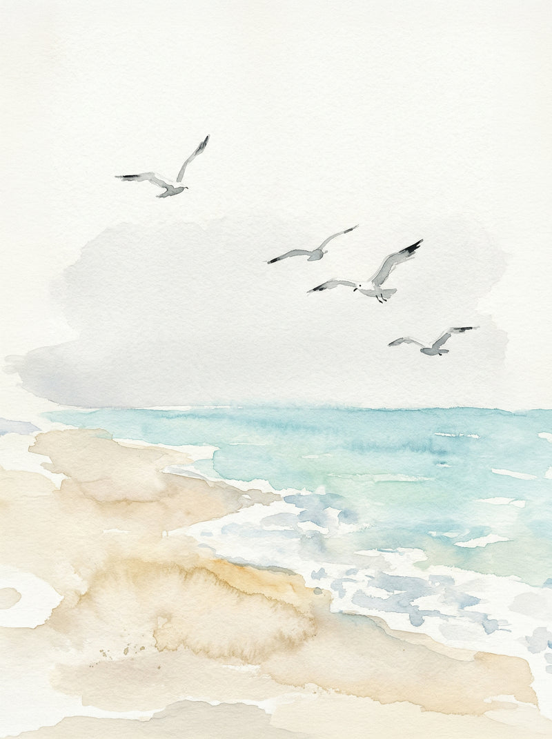 Alt Text:
Four seagulls in flight above a pale sandy shore with gentle turquoise waves and soft seafoam, painted in minimalist watercolour washes on an almost-white background, fine art print