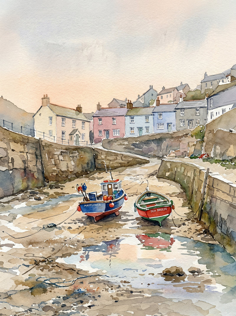 Two fishing boats named Mayflower and Sea Breeze resting on sandy harbour floor at low tide with pastel pink, blue and cream cottages behind and a warm peach sky, Cornish harbour watercolour fine art print