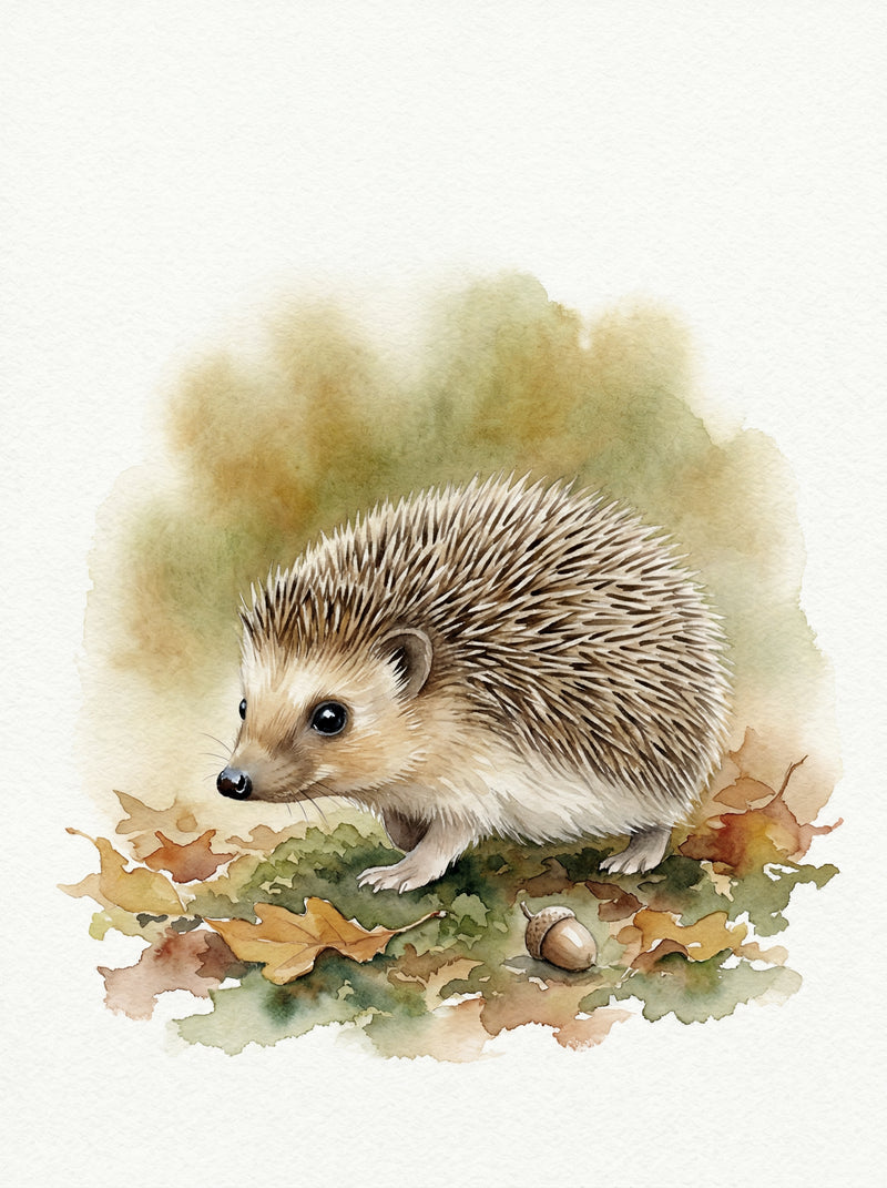 A hedgehog walking through fallen amber and russet autumn oak leaves with an acorn nearby, painted in warm watercolour washes, British wildlife fine art print