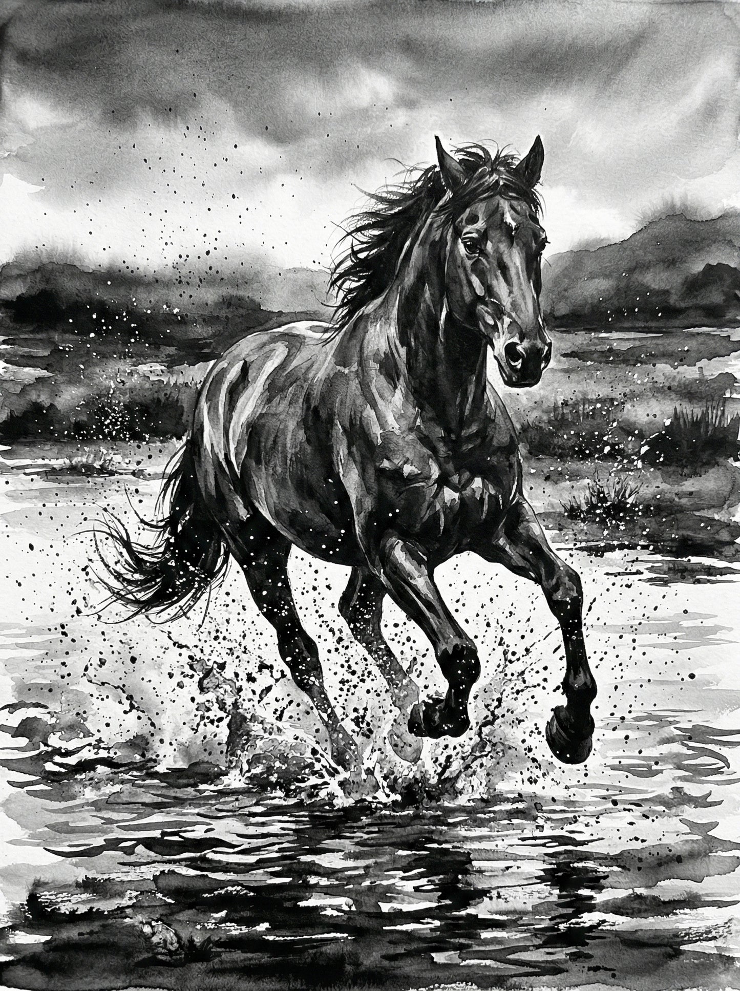 Powerful horse galloping through water with splashing droplets, dark storm clouds behind, dramatic monochrome ink wall art print UK