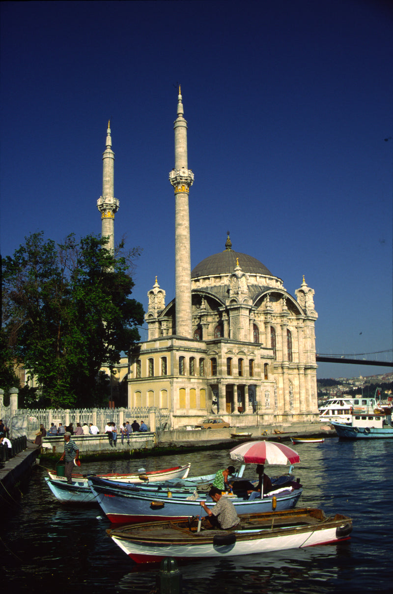 Ortaköy Mosque and Bosphorus Bridge at dusk with golden light on the water, Istanbul fine art photography print