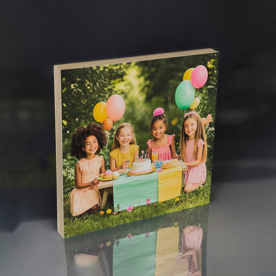 Personalised plywood desk block with photo print, natural wood edge, portrait format | GiftlyArtPrint