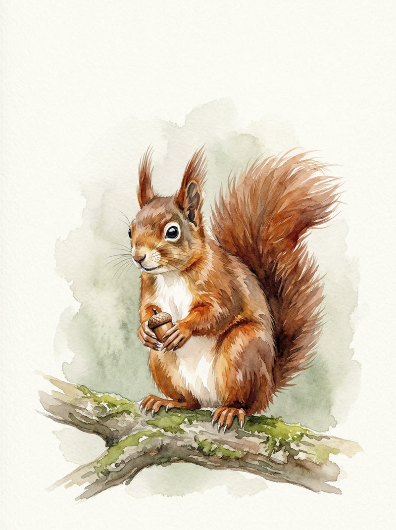 Red squirrel with distinctive ear tufts holding an acorn on a mossy oak branch, painted in warm russet and chestnut watercolour washes, British wildlife fine art print