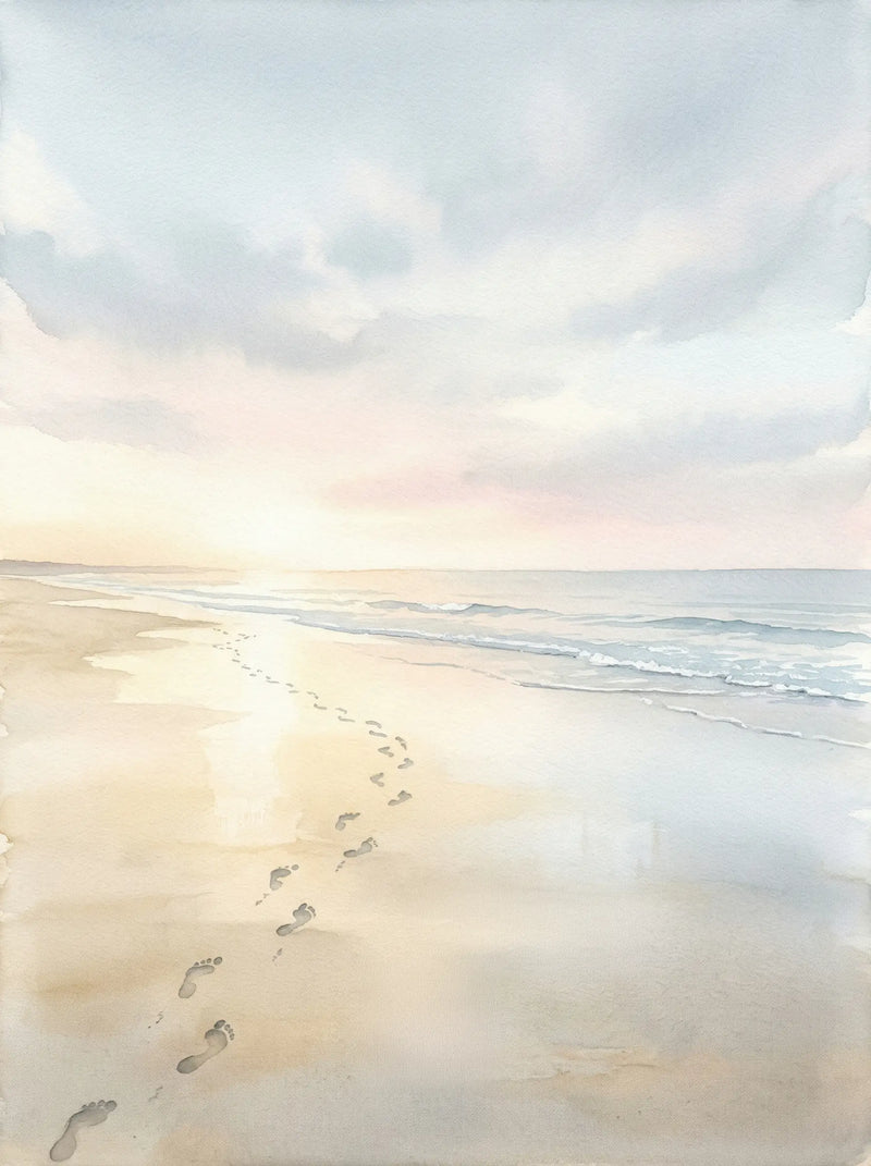 Watercolour painting of barefoot footprints trailing along a quiet shoreline with pale sand, soft teal waves and blush dawn sky — fine art print by SnappyTack