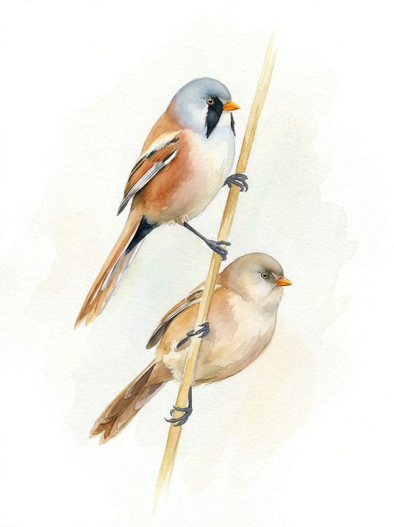 Two small birds perched on reed stem, soft watercolour tones, nature wall art print UK