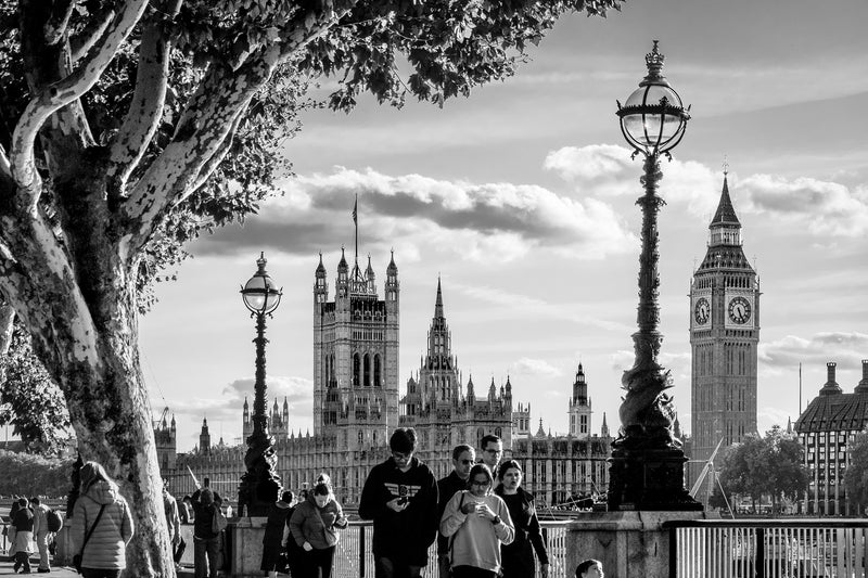 People walking along the South Bank embankment with Big Ben, Victoria Tower and the Gothic spires of the Houses of Parliament across the Thames, framed by a plane tree and Victorian lamp post, black and white fine art photography print