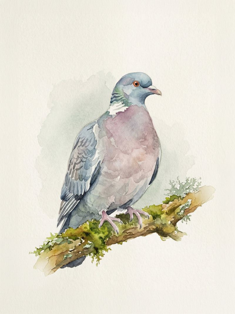 Wood pigeon with blue-grey wings and mauve breast perched on a mossy lichen-covered branch, painted in soft layered watercolour washes, fine art print