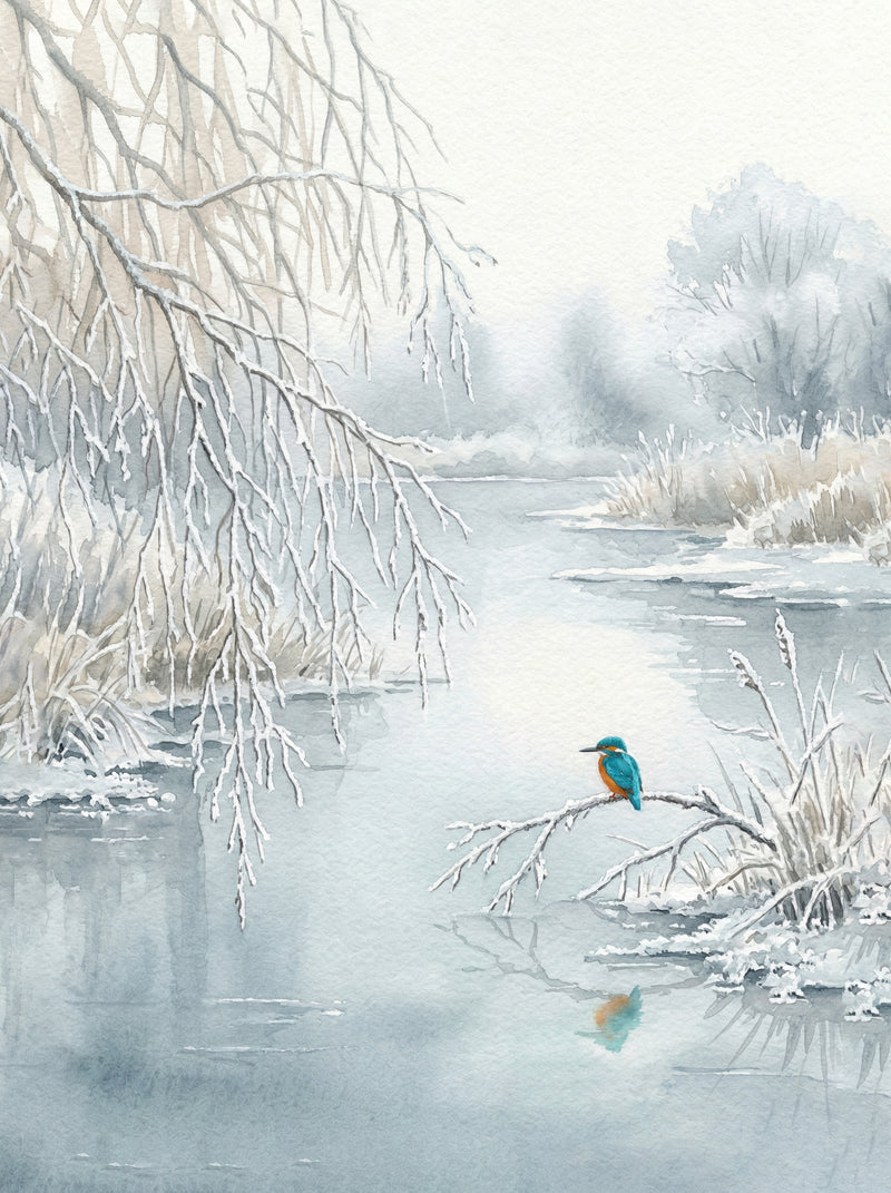 A vivid turquoise and orange kingfisher perched on a frost-covered willow branch above a still grey-blue winter river, British wildlife watercolour fine art print