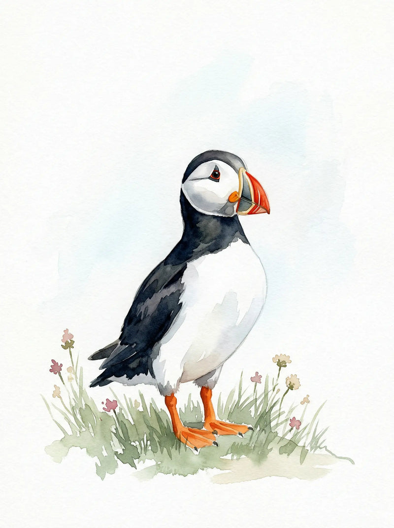 Atlantic puffin standing on coastal grass with wildflowers, black and white plumage, orange beak, British wildlife watercolour print UK