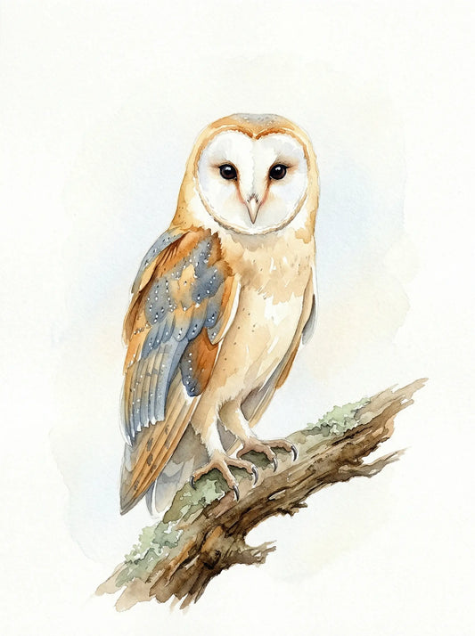 Barn owl perched on mossy lichen branch, white heart-shaped face, golden and blue feathers, British wildlife watercolour print UK