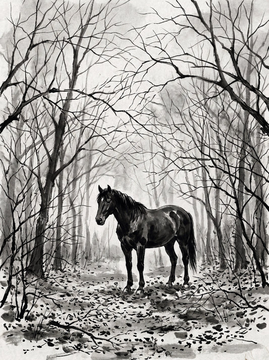 Black horse standing in bare winter forest, fallen leaves, stark branches, atmospheric ink wash wall art print UK