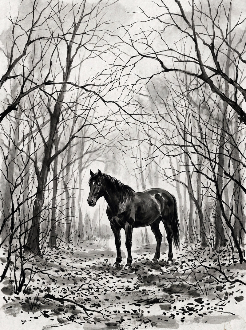 Black horse standing in bare winter forest, fallen leaves, stark branches, atmospheric ink wash wall art print UK