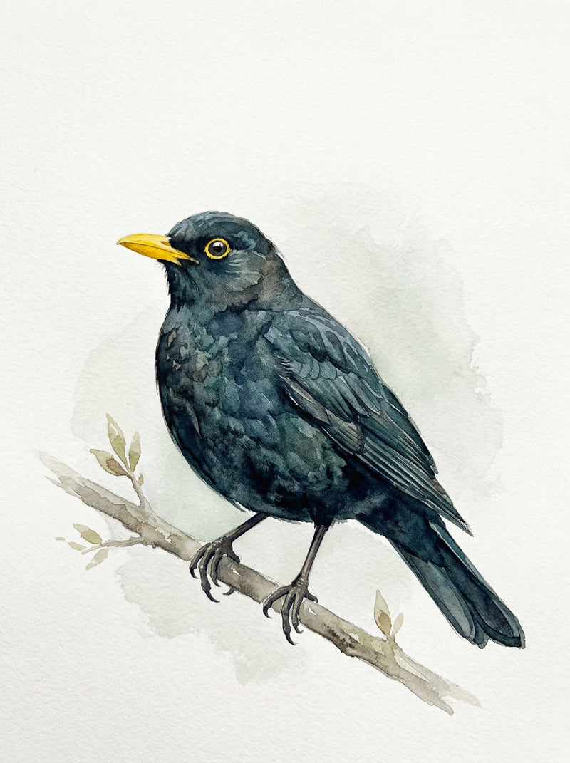 Male blackbird with vivid yellow beak perched on a branch, painted in deep blue-black watercolour washes with a soft sage background, fine art print