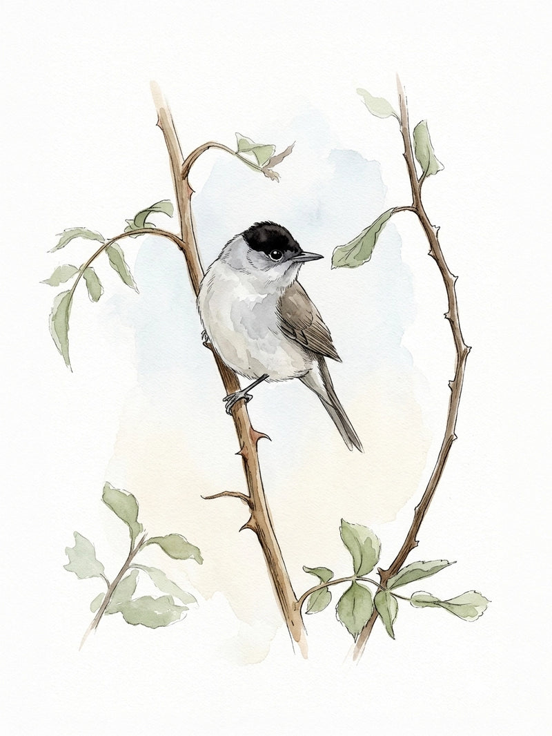 Blackcap warbler perched on thorny branch with leaves, black cap, soft grey tones, British garden bird watercolour print UK