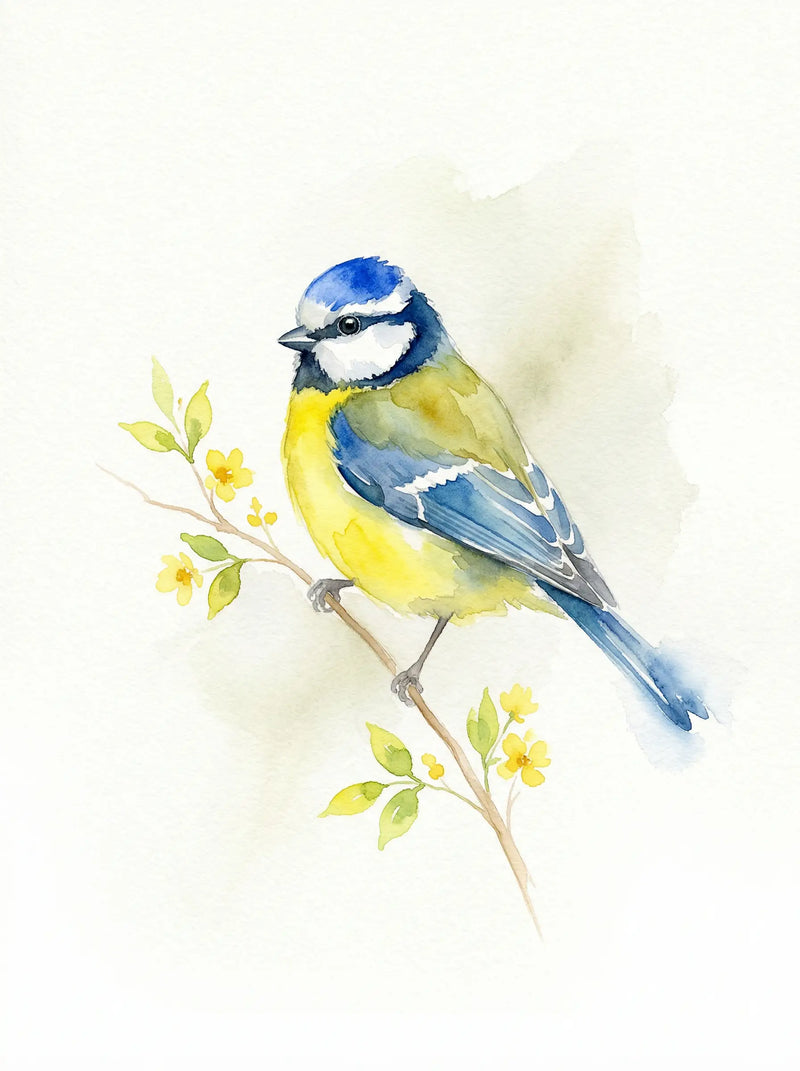 Blue tit bird on spring blossom branch, vivid watercolour colours, British garden bird wall art print UK