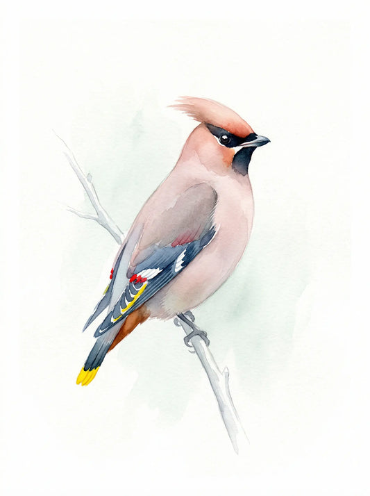 Bohemian waxwing bird watercolour illustration, pink plumage, yellow tail, wildlife wall art print UK