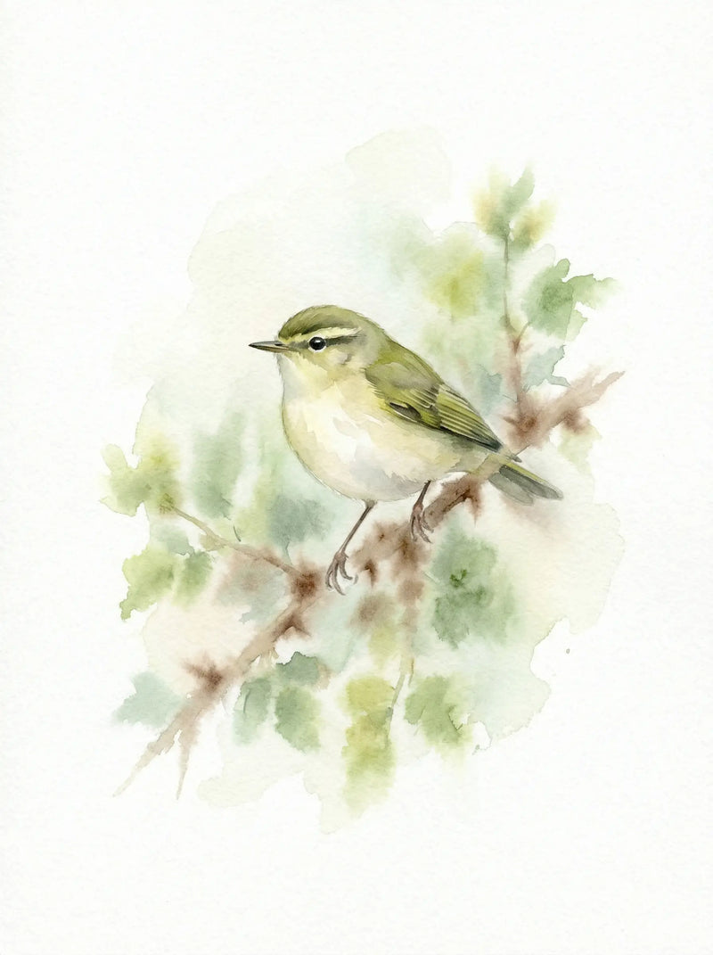Chiffchaff perched on thorny leafy branch, olive and yellow-green tones, British spring bird watercolour print UK