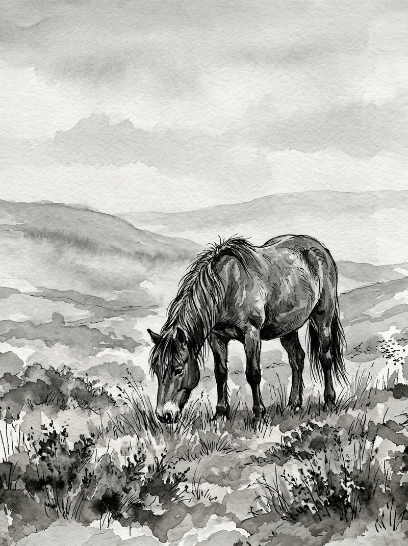Wild Dartmoor pony grazing on misty moorland hillside, grey watercolour tones, British countryside wall art print UK
