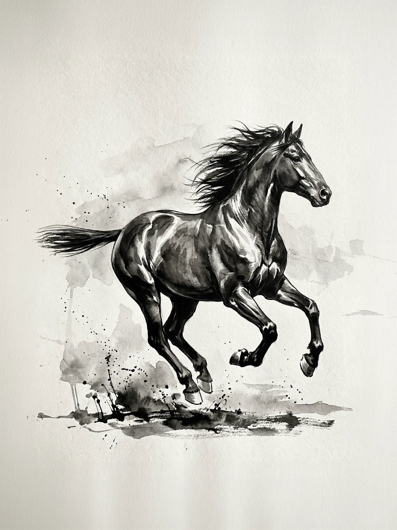 Powerful horse in full gallop, flowing mane, rich black ink with white highlights, dynamic expressive equine wall art print UK