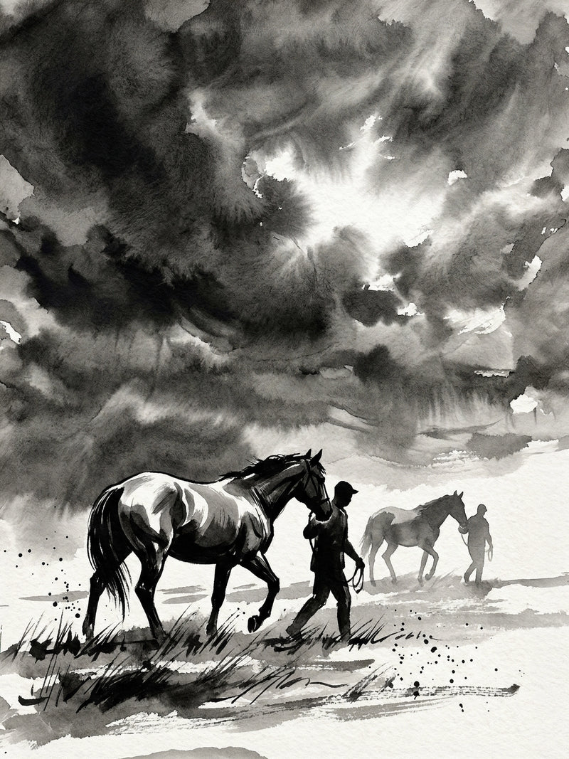 Two grooms leading horses across open ground beneath vast dramatic storm clouds, monochrome ink wash equestrian wall art print UK