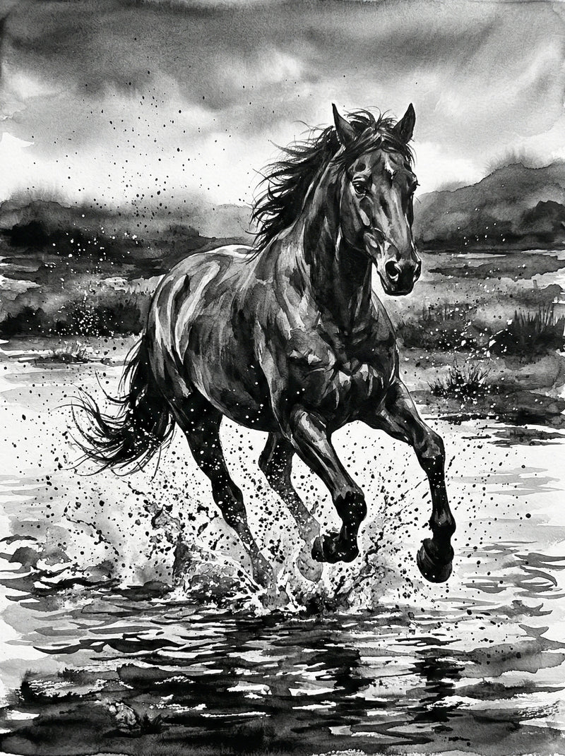 Powerful horse galloping through water with splashing droplets, dark storm clouds behind, dramatic monochrome ink wall art print UK