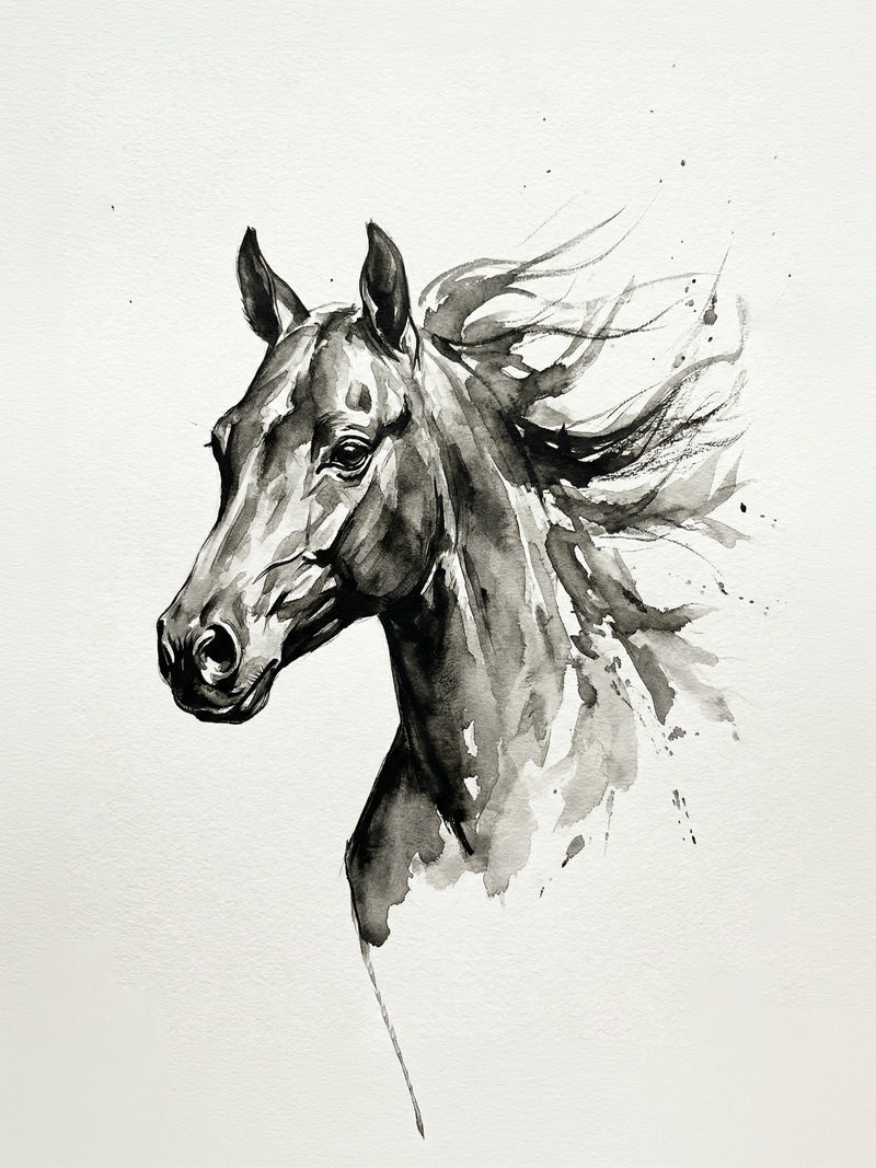 Horse head side profile portrait, flowing mane dissolving into ink splashes, expressive monochrome equine wall art print UK