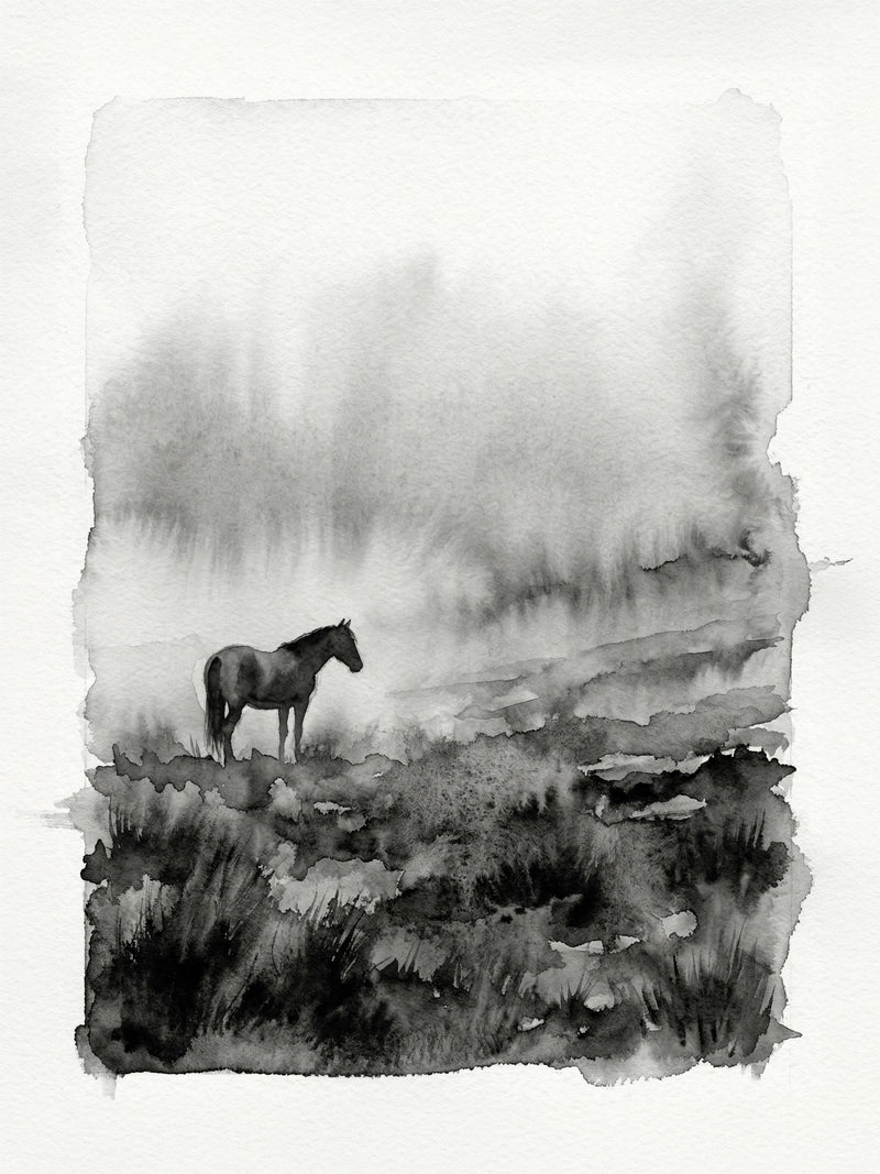 Lone horse standing in misty moorland landscape, soft abstract ink wash, dark vegetation, atmospheric monochrome wall art print UK