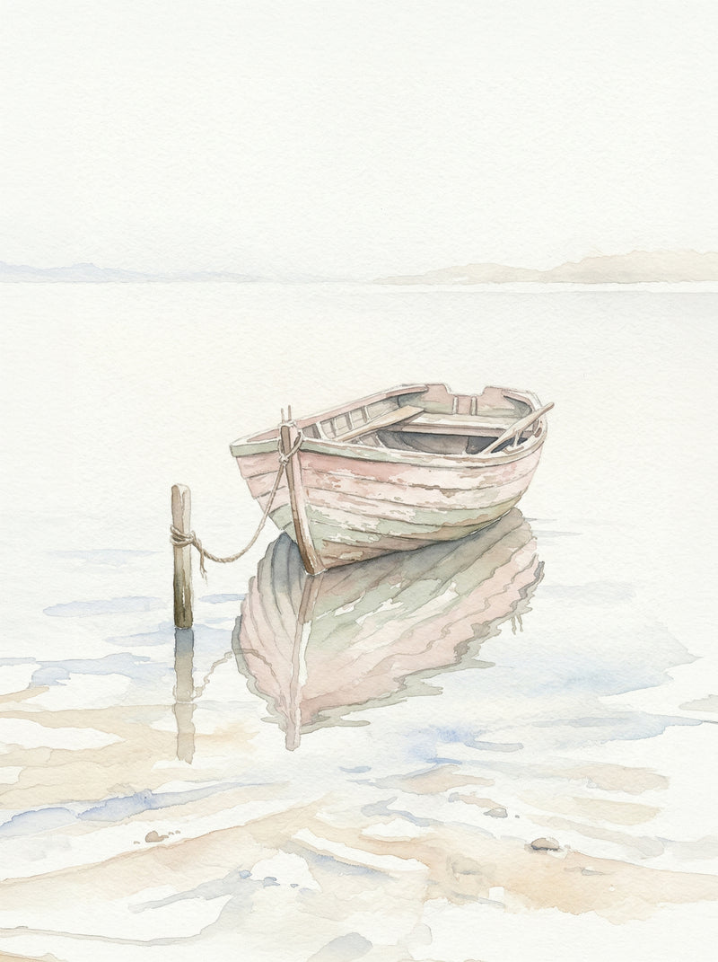 A weathered wooden rowing boat with faded blush and sage paintwork moored to a single post, its reflection perfectly mirrored in still water with distant hills barely visible, minimalist pastel watercolour fine art print