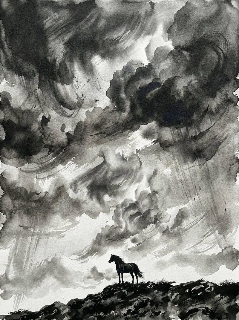 Lone horse silhouette standing on rocky hilltop beneath dramatic swirling storm clouds, monochrome ink wash wall art print UK