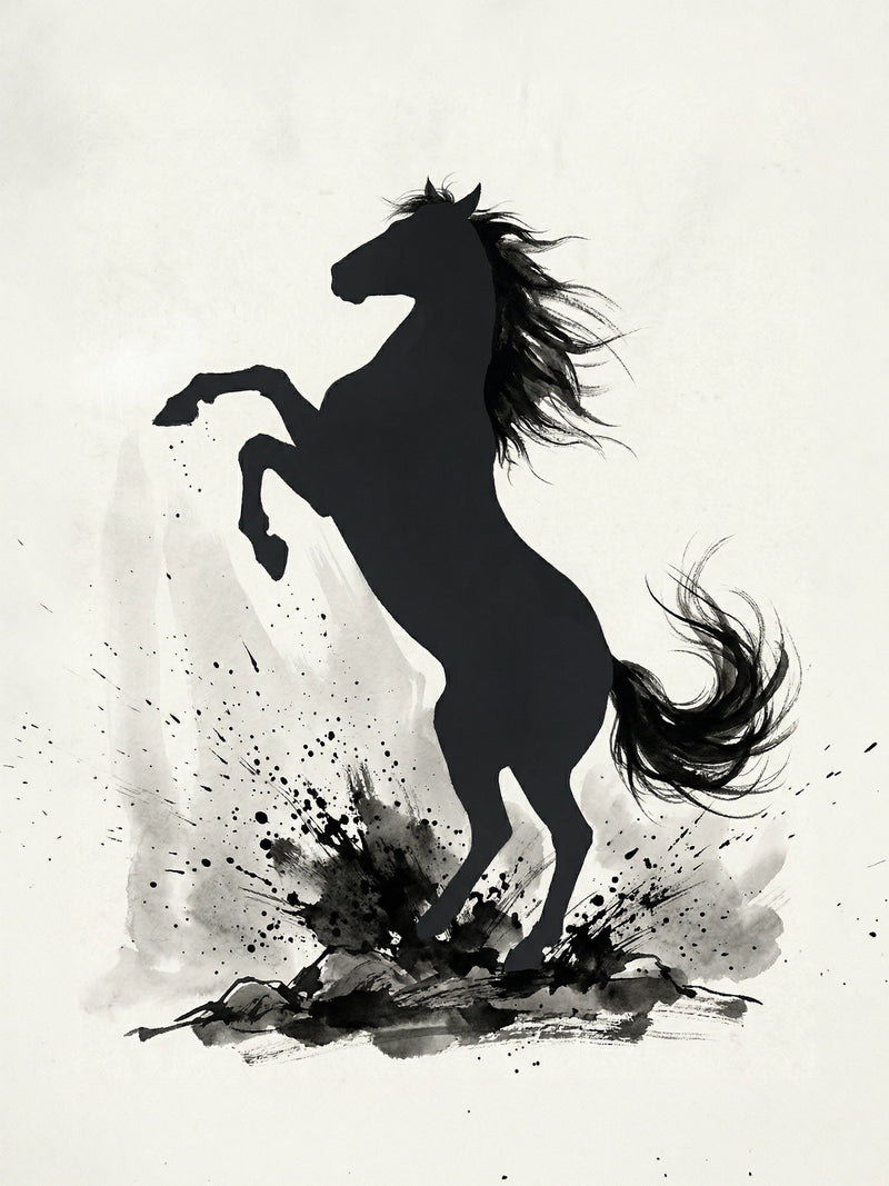 Rearing horse bold black silhouette with flowing mane and ink splatters, minimalist equine wall art print UK