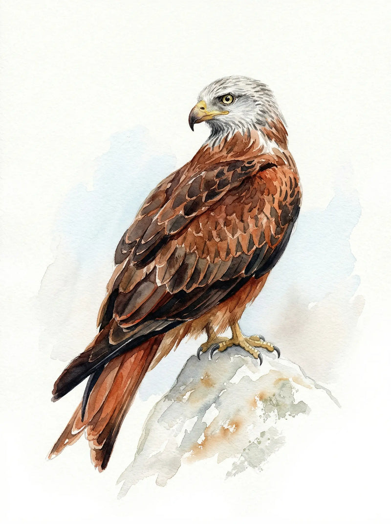 Red kite bird of prey perched on rock, chestnut and grey watercolour illustration, British wildlife wall art print UK