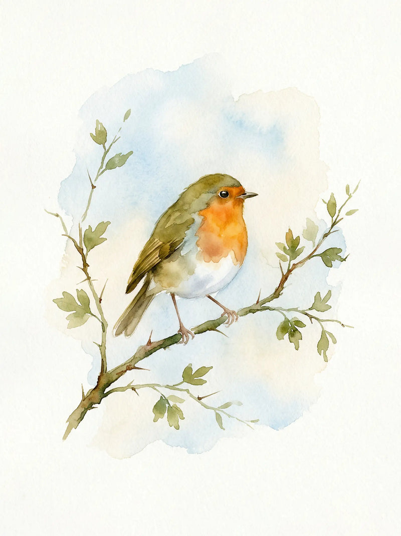 British robin perched on thorny branch, orange-red breast, soft watercolour tones, garden bird wall art print UK