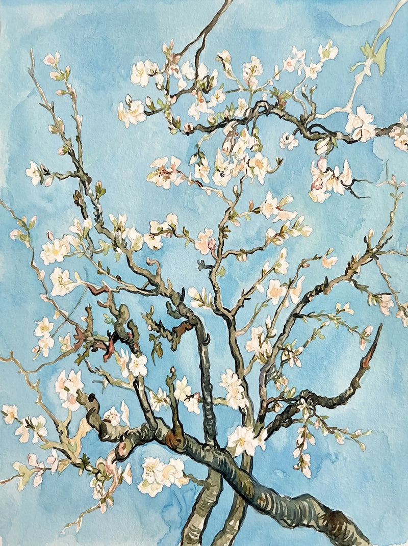 Watercolour painting of almond blossom branches with white flowers against a soft cerulean blue sky — fine art botanical print by SnappyTack