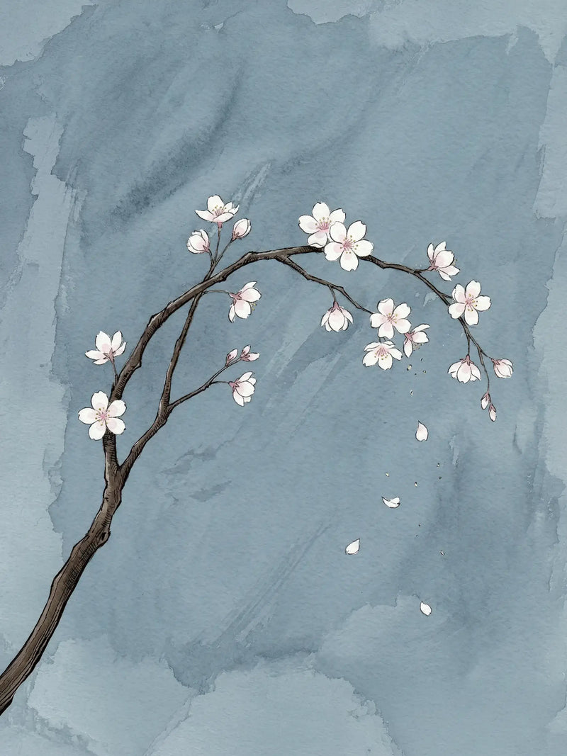 Watercolour of cherry blossom branches with falling petals against a soft blue-grey wash background — Japandi fine art print by SnappyTack